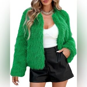 Emerald Green Cropped Faux Fur Jacket Soft Winter Coat NEW